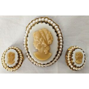 Cameo Brooch & Clip On Earrings Set W Germany Signed
